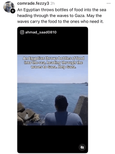 potongan unggahan aksi warga Mesir melarungkan botol berisi kebutuhan pangan di laut, berharap sampai ke pantai Gaza.
