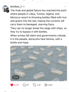 potongan unggahan foto yang memperlihatkan sejumlah botol berisi beras, lentil, susu, dan lain-lain yang dilarungkan warga ke laut, berharap sampai ke Gaza.